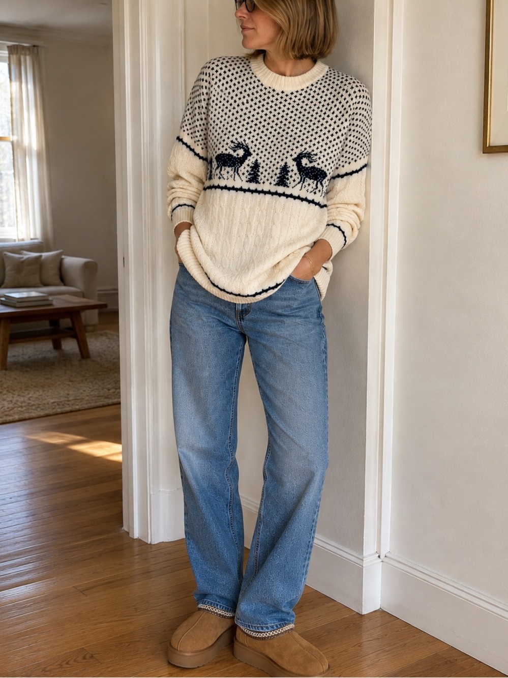 Jantzen Cream and Navy Fair Isle Cable-Knit Crewneck Sweater